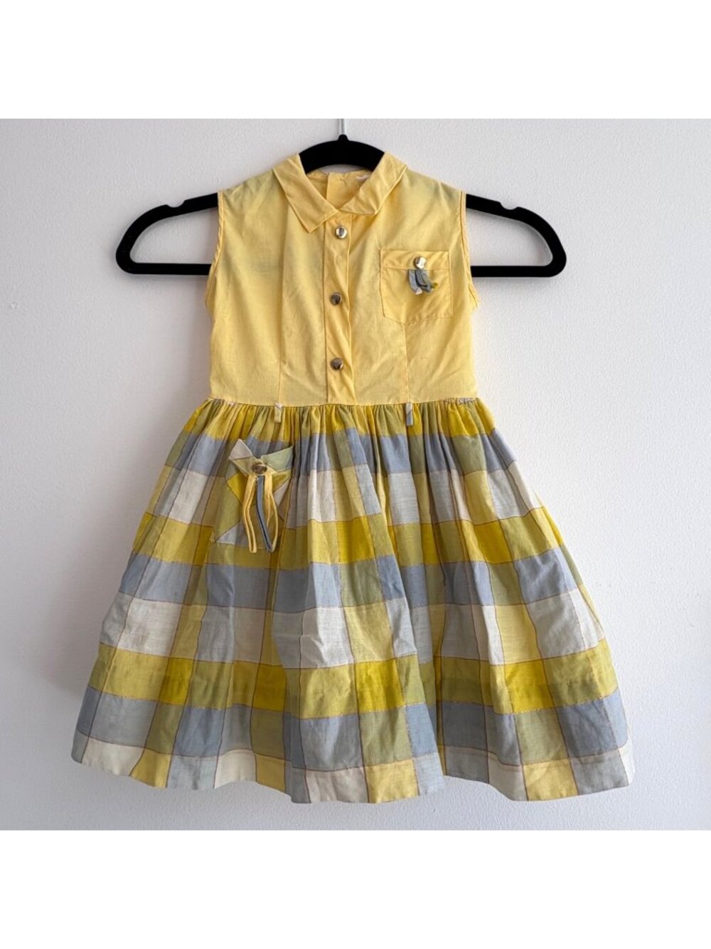 Vintage 1950s Girls Plaid Party Dress Crinoline Petticoat Yellow Blue Mid Centur